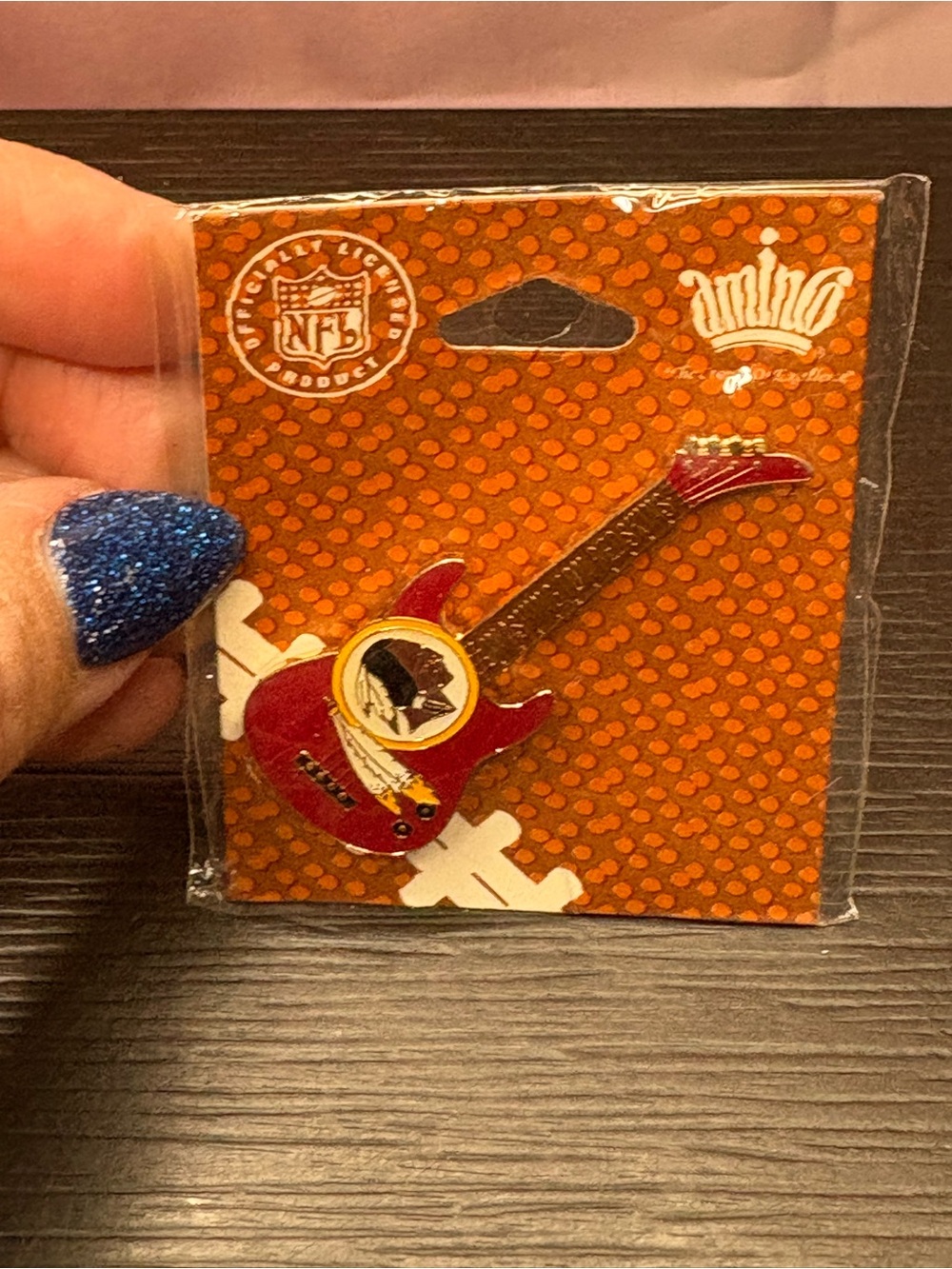 Vintage Washington Redskins guitar shaped lapel pin by Aminco. New old stock